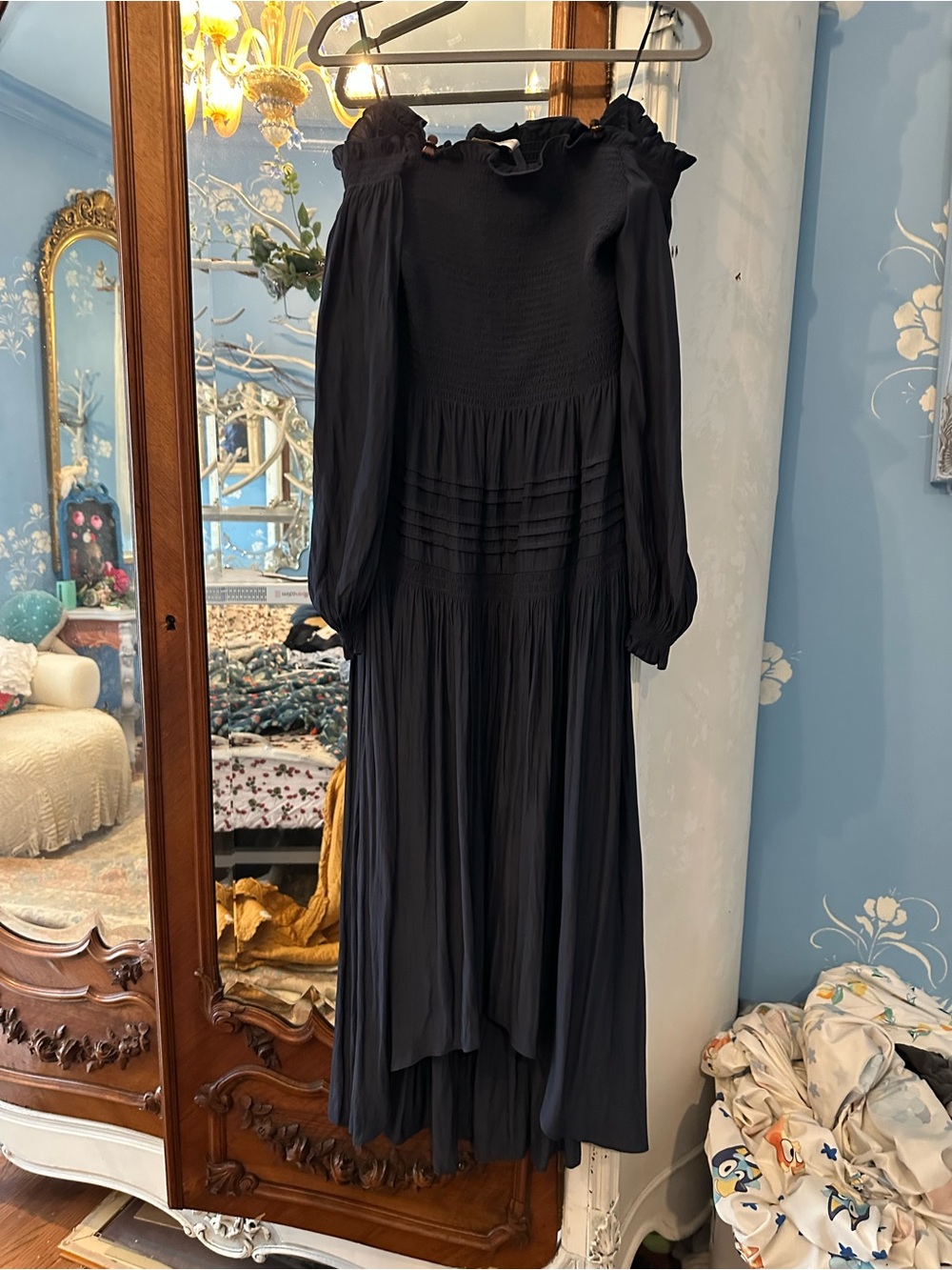 Ramy Brook Navy Long-Sleeve Smocked Maxi Dress *off the shoulders*